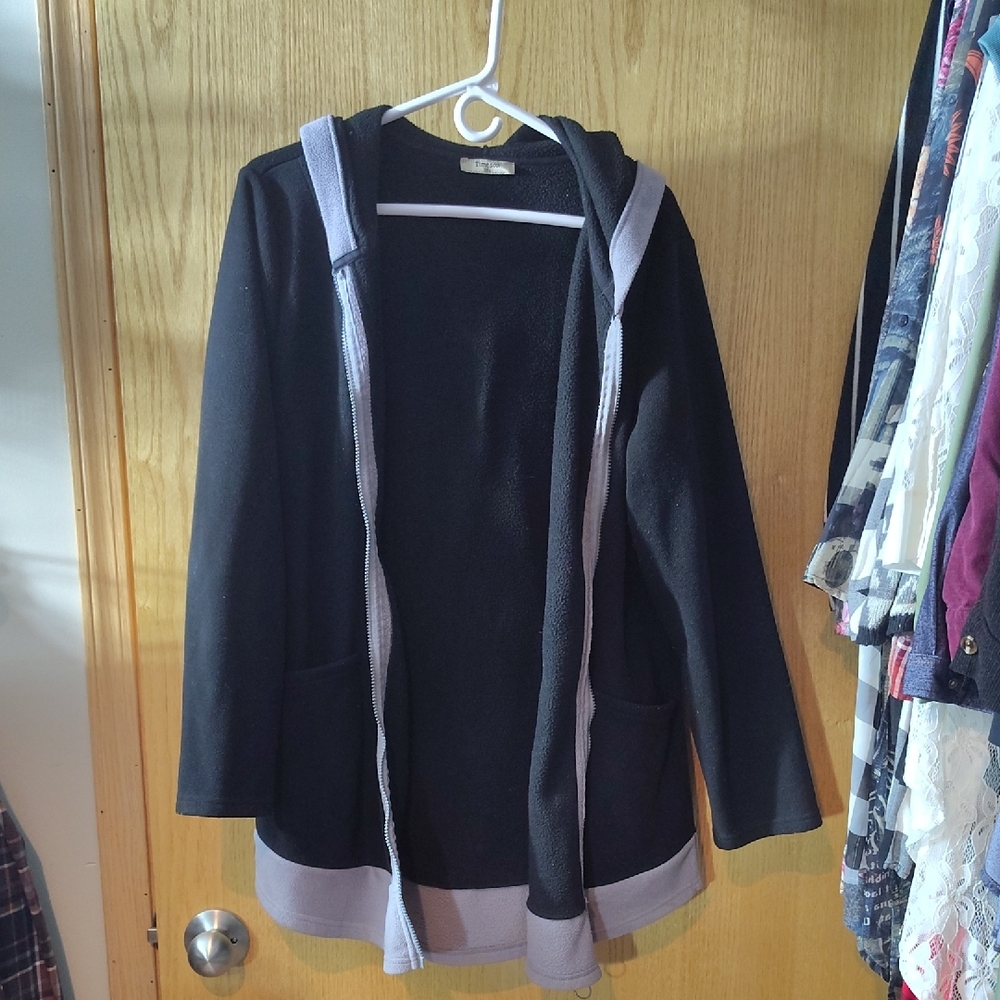 Black Hooded Open-Front Cardigan with Gray Trim